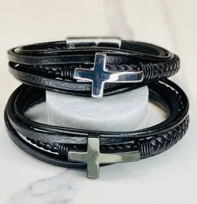 Stainless Steel & Leather Cross Bracelet - 8.5"