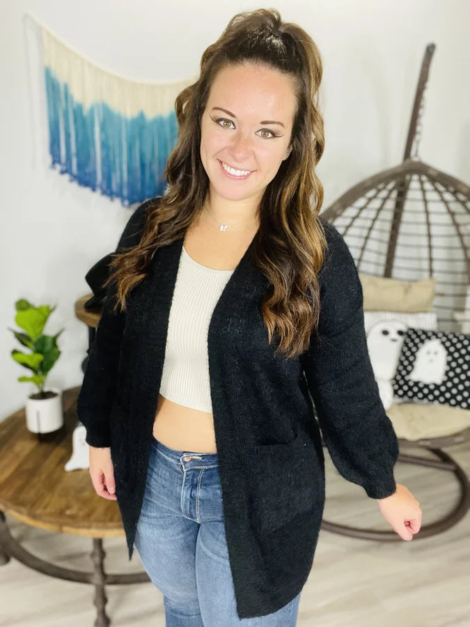 Black Fuzzy Knit Cardigan w/ Pockets - Reg/Plus