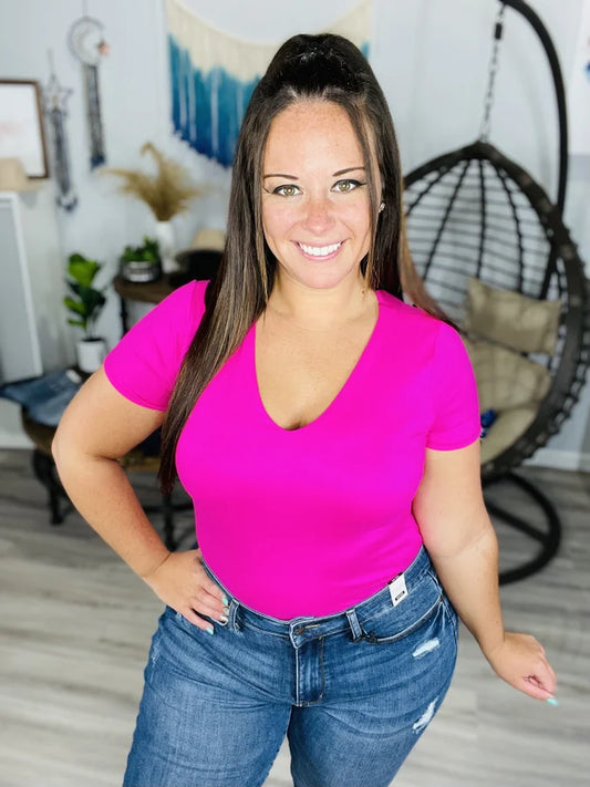 Fuchsia Short Sleeve V-Neck Bodysuit