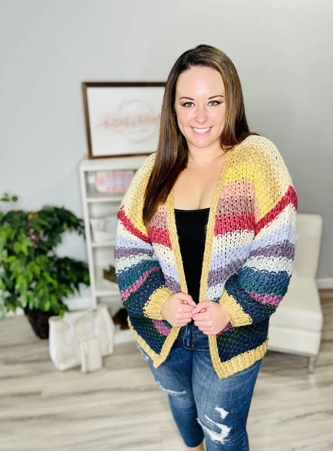 Reg. Ivory/Dark Multi Rainbow Thick Knit Cardigan