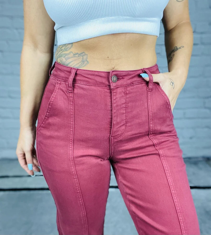 Judy Blue - "Scarlett" Burgundy High-Waisted Front Seam Straight Leg Jeans