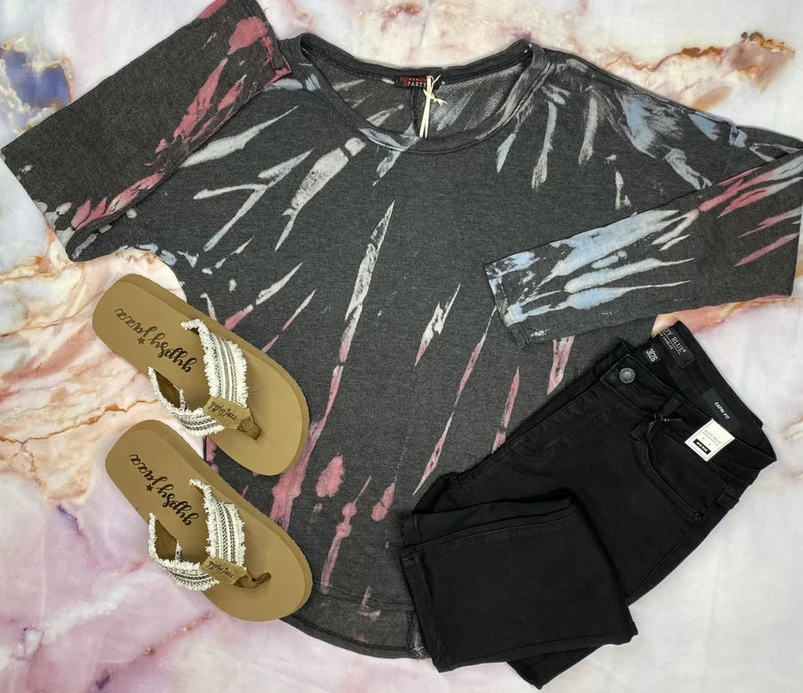 Charcoal/Raspberry/Pale Blue Tie Dye Long Sleeve Top