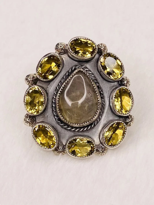 Natural Rutilated Quartz & Citrine Quartz Sterling Silver Ring - Size 9