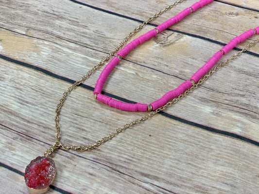 All Summer Long Neon Pink Beaded Layered Necklace