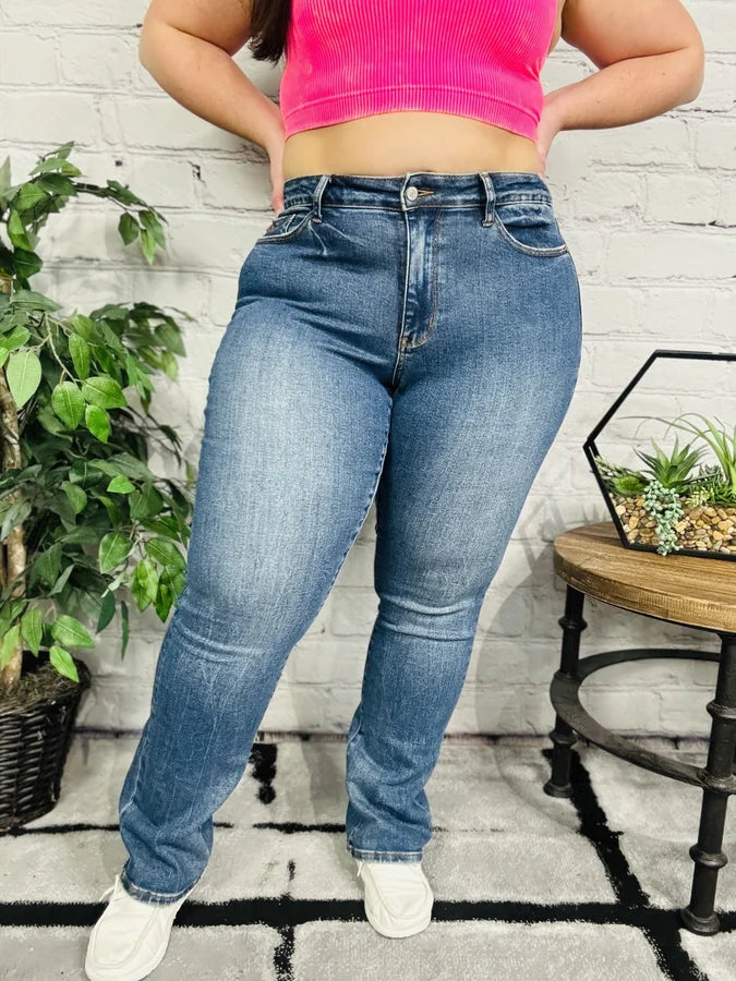 Judy Blue - "Ginger" Medium Blue High-Waisted Straight Leg Jeans (w/ Hidden Plaid Cuff)