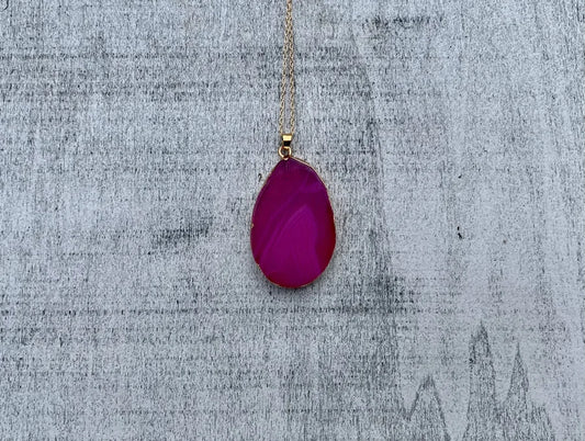 Magenta Pink Geode Pendant Necklace w/ Gold Chain