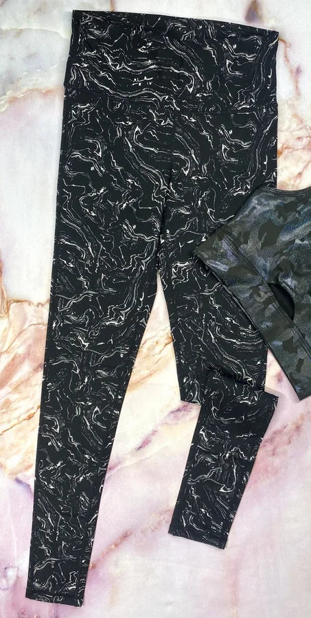 Mono B Black High-Waist Leggings w/ White Marble Detail