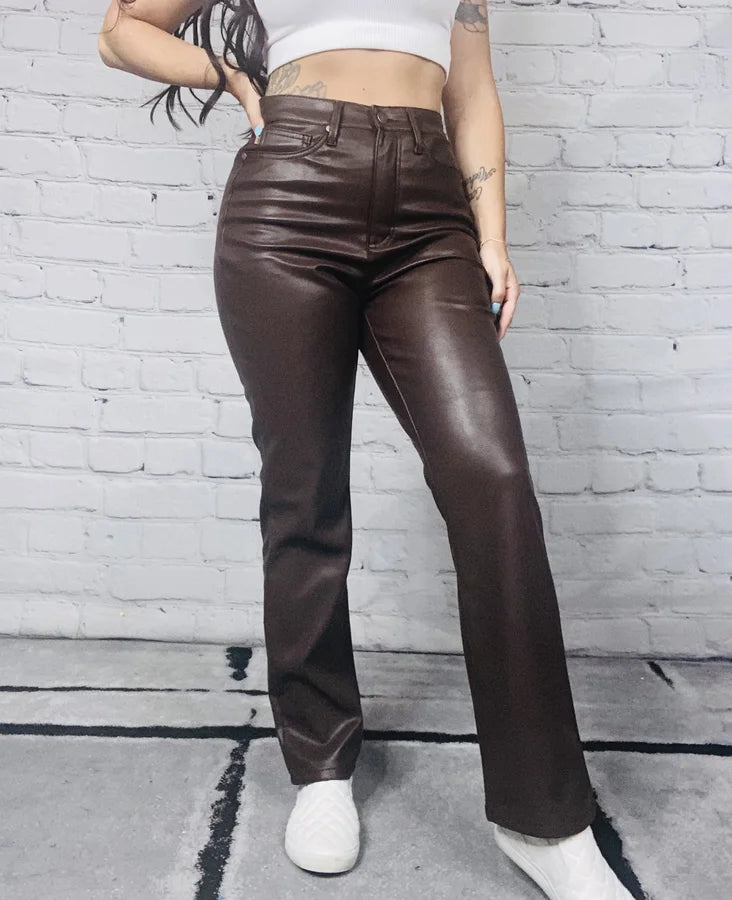 Judy Blue - "Rhonda" Espresso High-Waisted Tummy Control Faux Leather Jeans