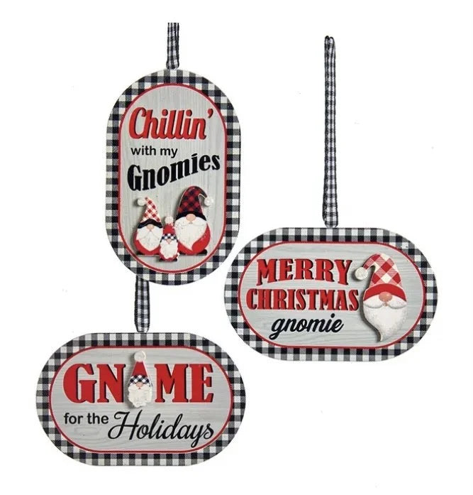 Wooden Gingham Gnome Sign Ornaments (Multiple Styles)