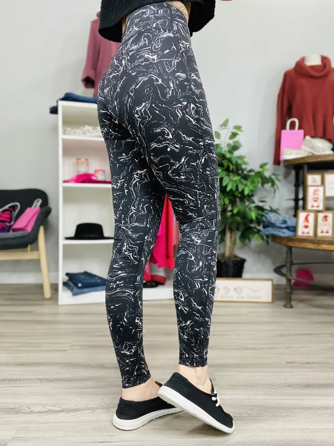 Mono B Black High-Waist Leggings w/ White Marble Detail