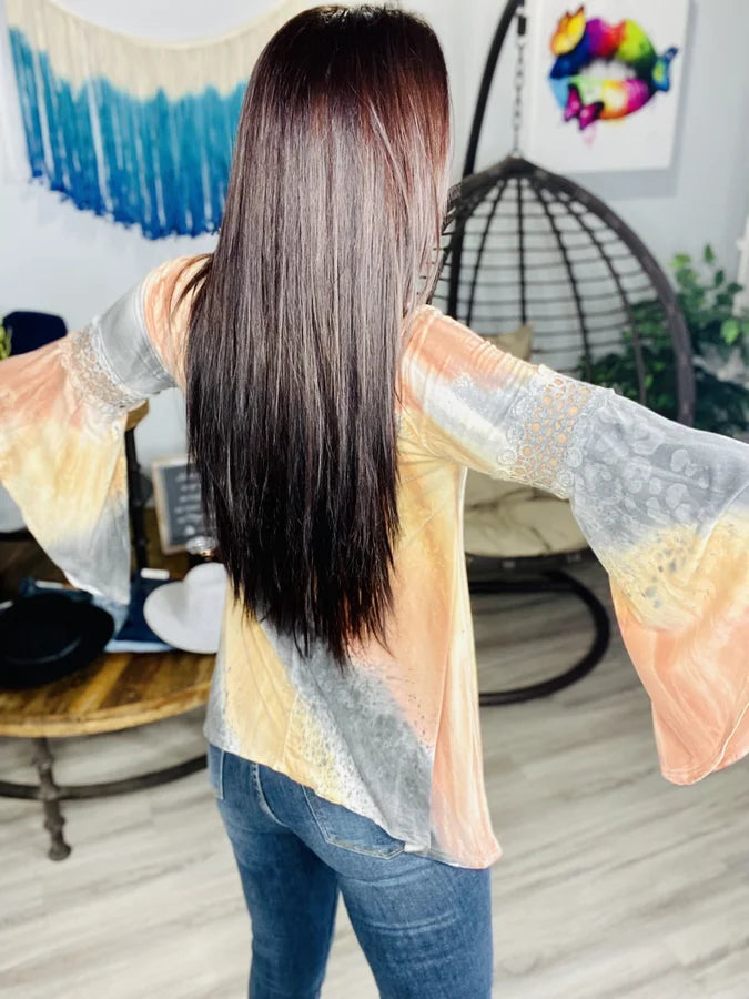 Reg. Peach/Grey Leopard Tie Dye Bell Sleeve Top