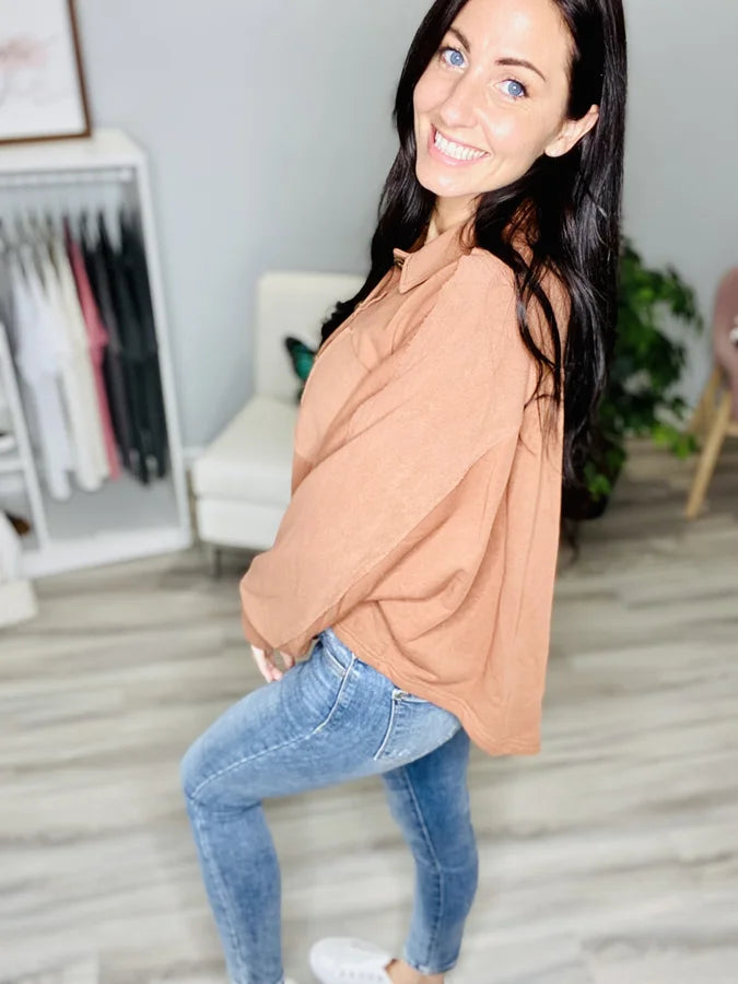 Reg. Brick Red Button-Down Dolman Sleeve Shacket