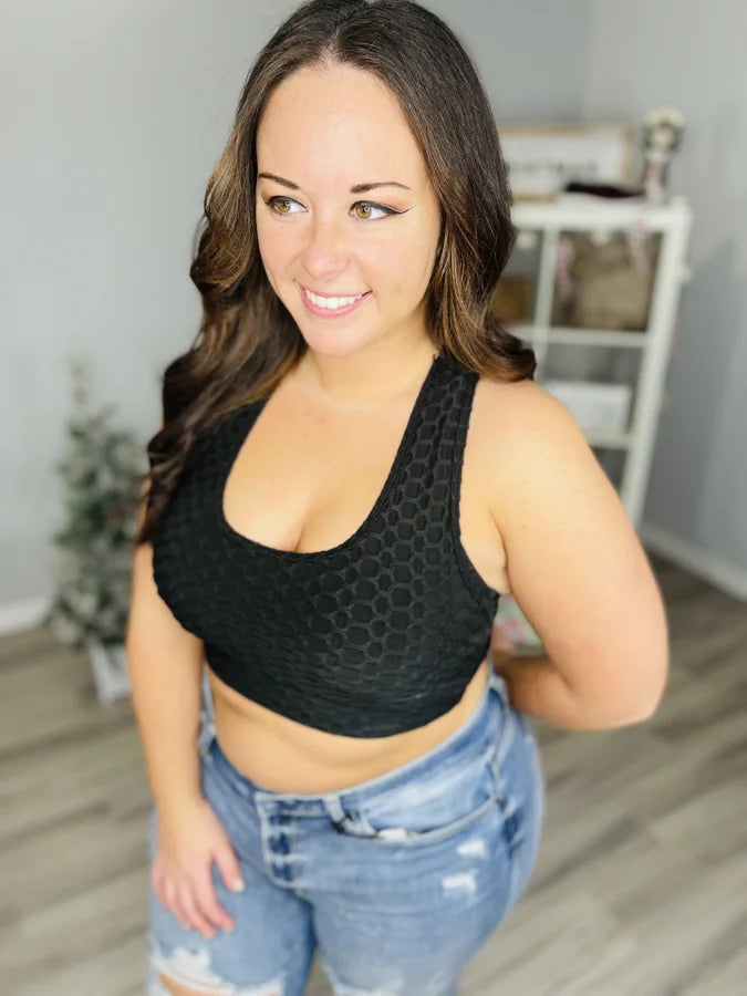 Reg/Plus Black Honeycomb Textured Yoga Top