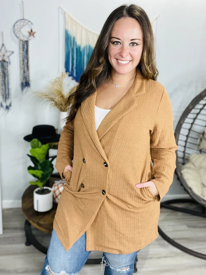 Camel Waffle Knit Cardigan w/ Pockets - Reg/Plus