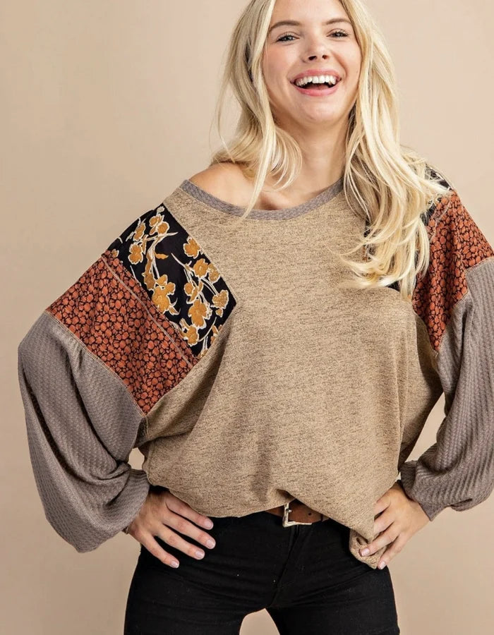 Taupe/Mocha Color Block Long Sleeve Top