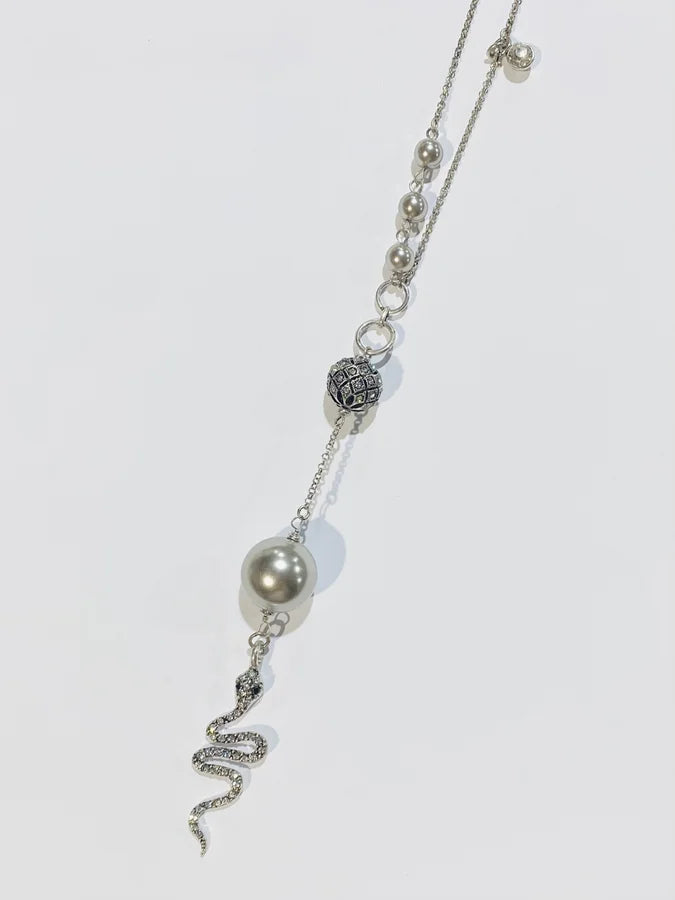 Long Silver Necklace w/ Bejeweled Snake Pendant