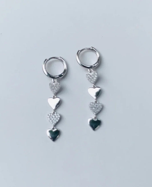 Sterling Silver Cubic Zirconia Pave Dangling Hearts Earrings