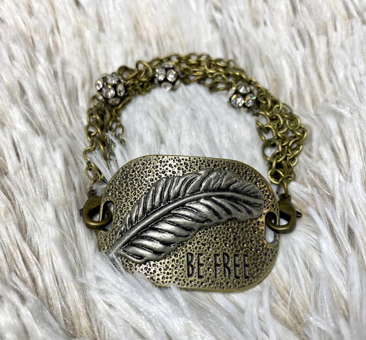 "Be Free" Feather Bronze Bracelet w/ Crystal Detail