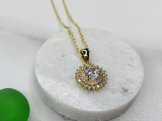 Gold Plated Brass Solitaire Cubic Zirconia Necklace - 16" +2