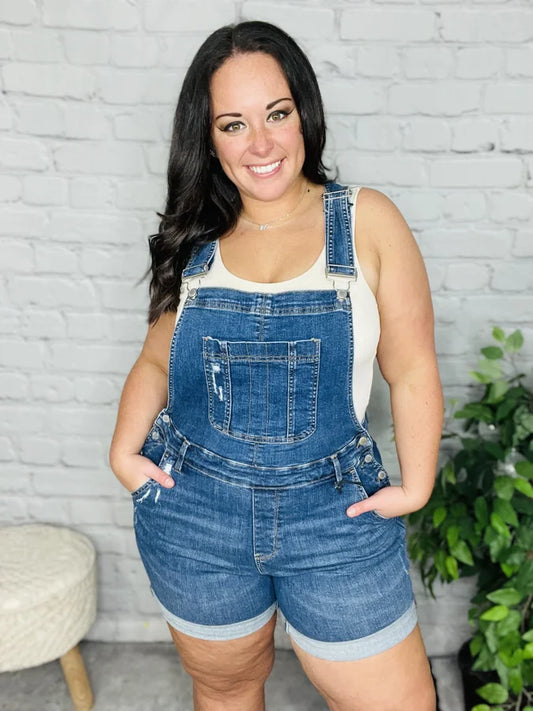 Judy Blue - "Maddie" Dark Blue High-Waisted Double Cuff Overall Shorts