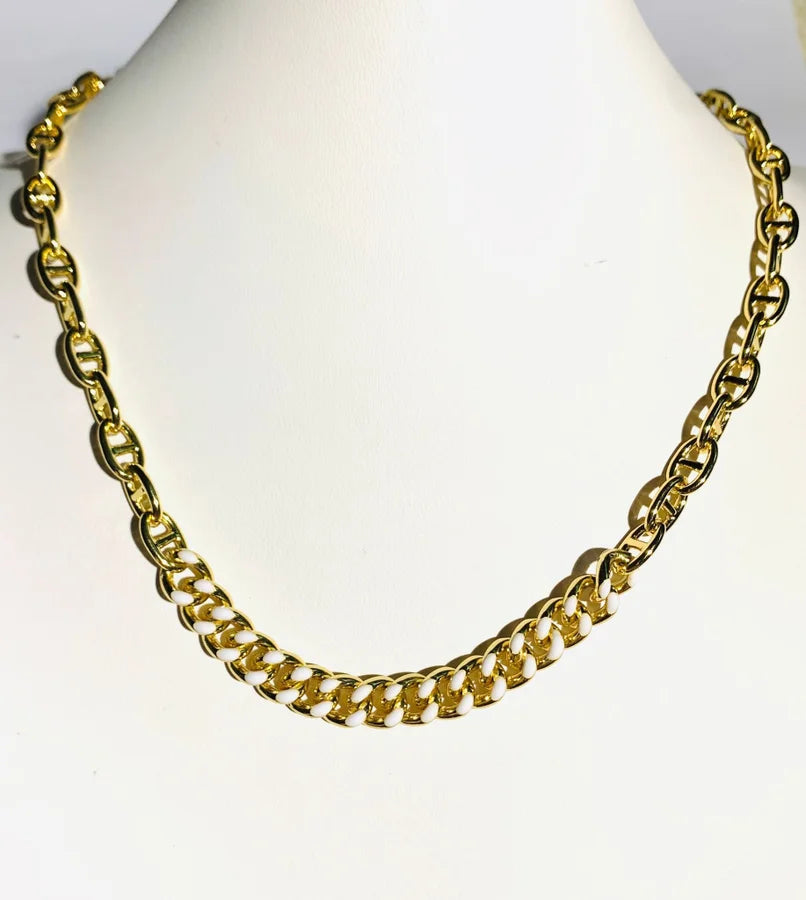 18 Kt. Gold Plated Link Chain w/ White Enamel Cuban Chain Necklace - 17" +2