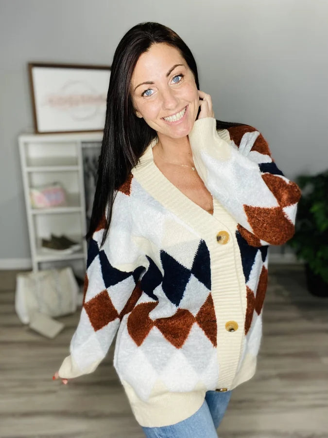 Reg. Light Grey/Beige Argyle Cardigan Sweater
