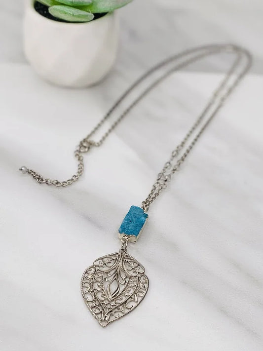 Silver Necklace w/ Turquoise Druzy & Antique Pendant