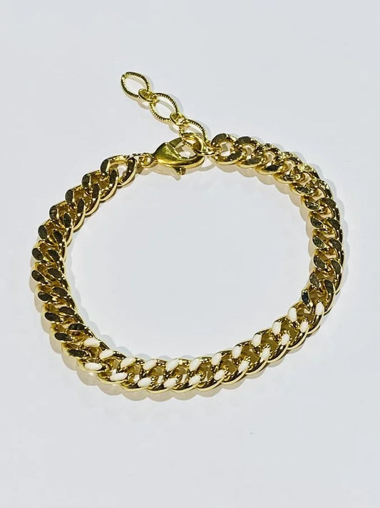 Gold Plated Cuban Chain Bracelet w/ White Enamel - 7" +1