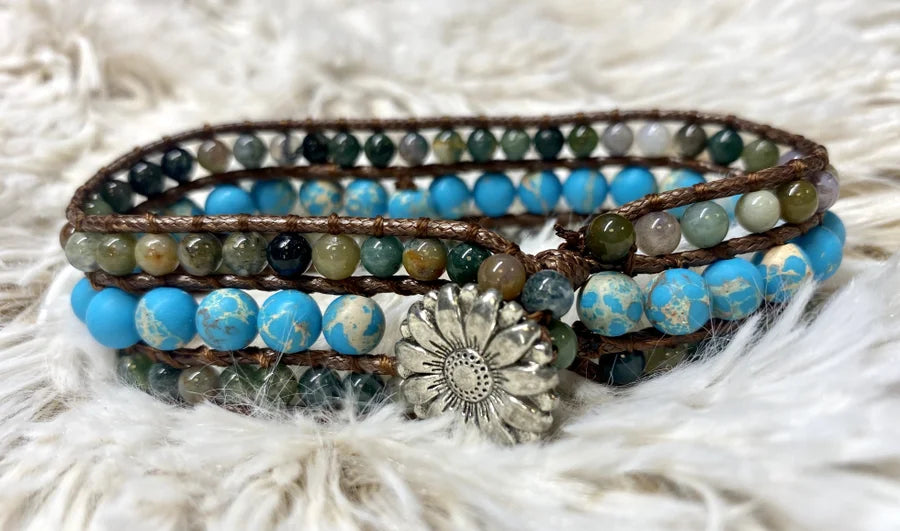 Earth Tone & Blue Jasper Beaded Bracelet w/ Silver Daisy Clasp