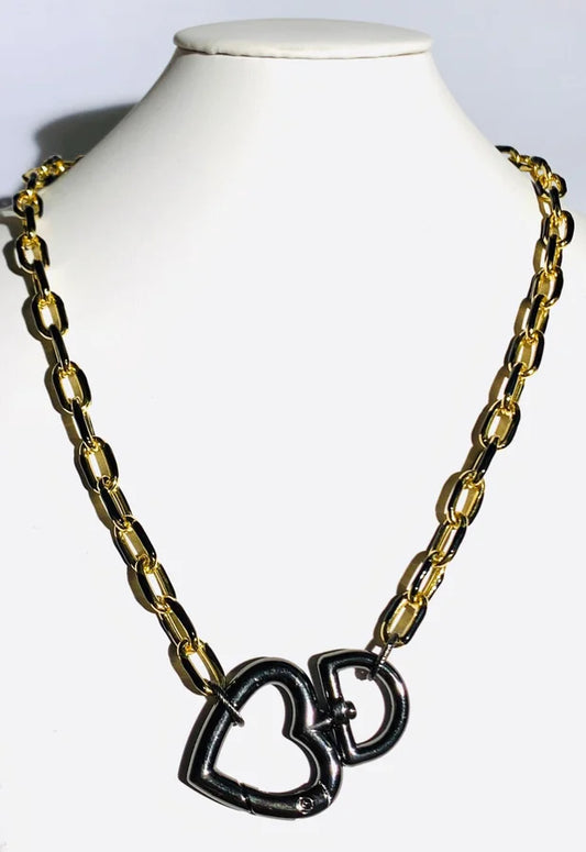 18 Kt. Gold Plated Black Enamel Link Chain w/ Gunmetal Heart - 18" +2