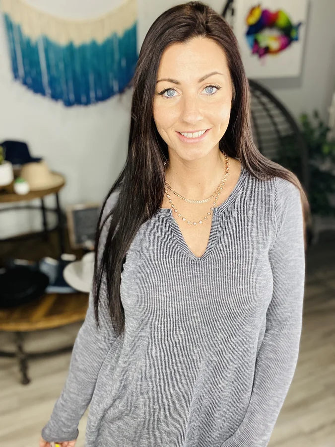 Reg/Plus Navy/Grey Ribbed Open V-Neck Long Sleeve Top