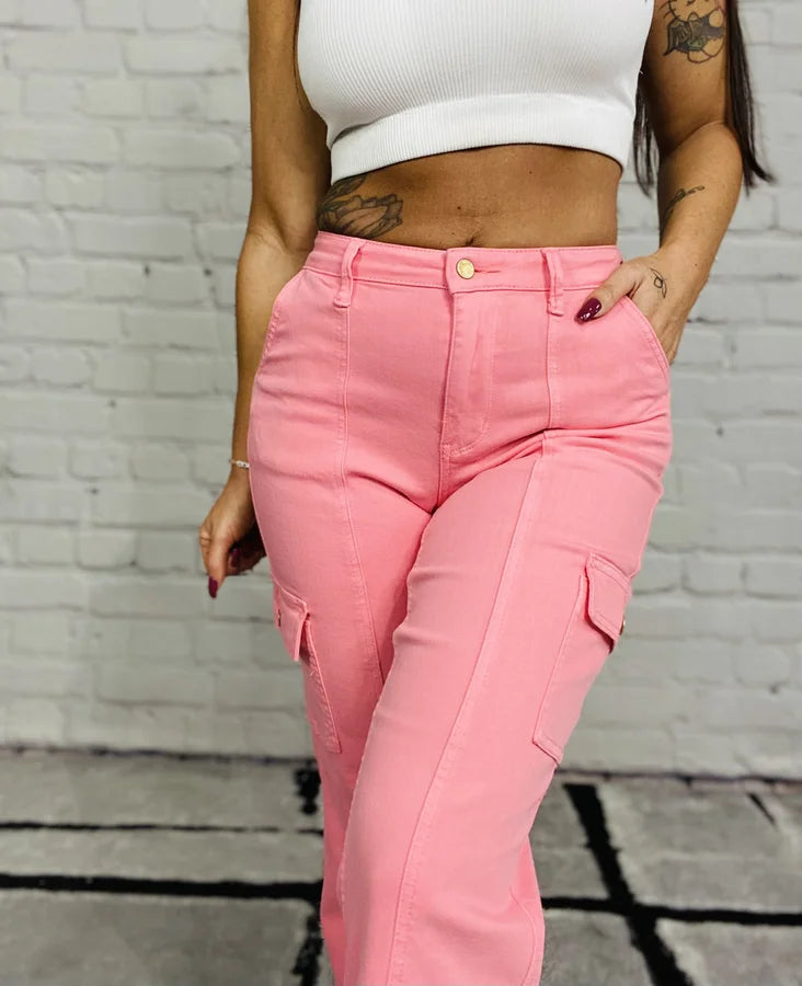 Judy Blue - "Penelope" Pink High-Waisted Cargo Straight Leg Jeans