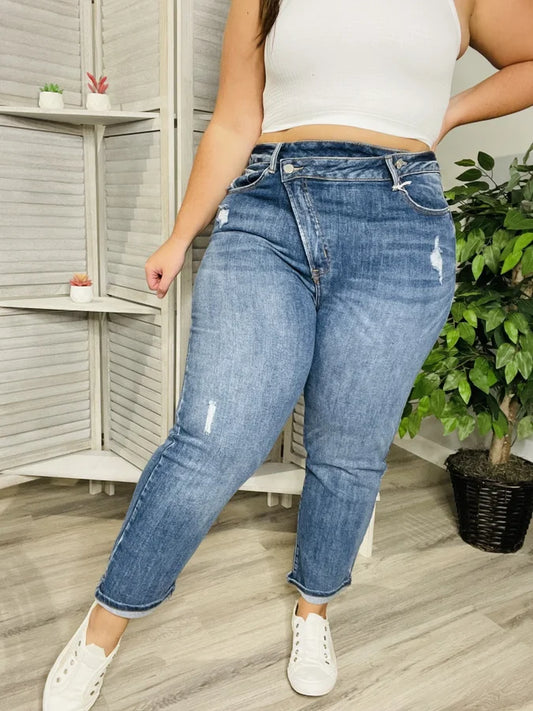 "Ava" High-Rise Crossover Tapered Jeans - Reg/Plus