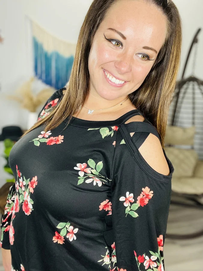 Black/Red Floral Cold Shoulder Long Sleeve Top - Reg/Plus