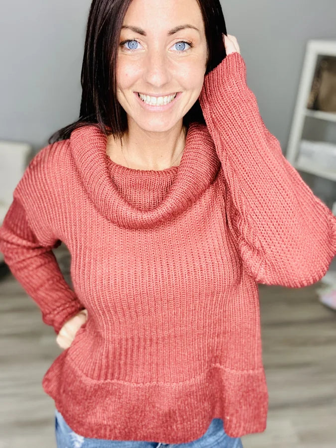 Reg. Brick Red Ribbed Cowl Neck Knit Sweater