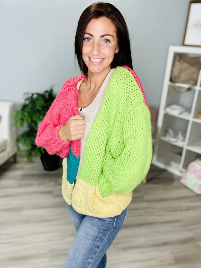 Reg. Pink/Lime Green Color Block Cardigan