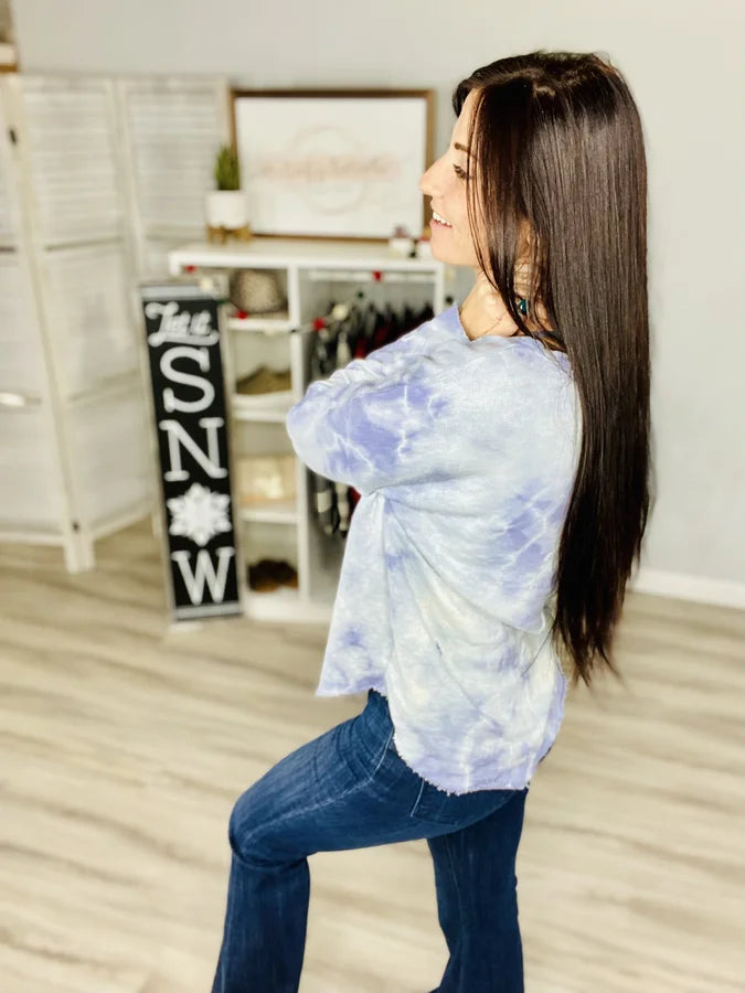 Reg. Baby Blue/Violet Tie Dye Long Sleeve Top w/ Raw Hem