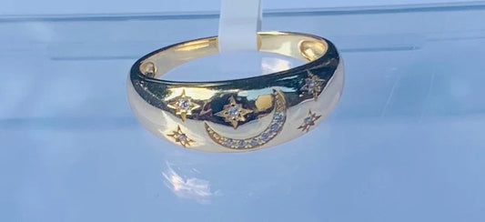 Sterling Silver Gold Plated Star & Moon Ring