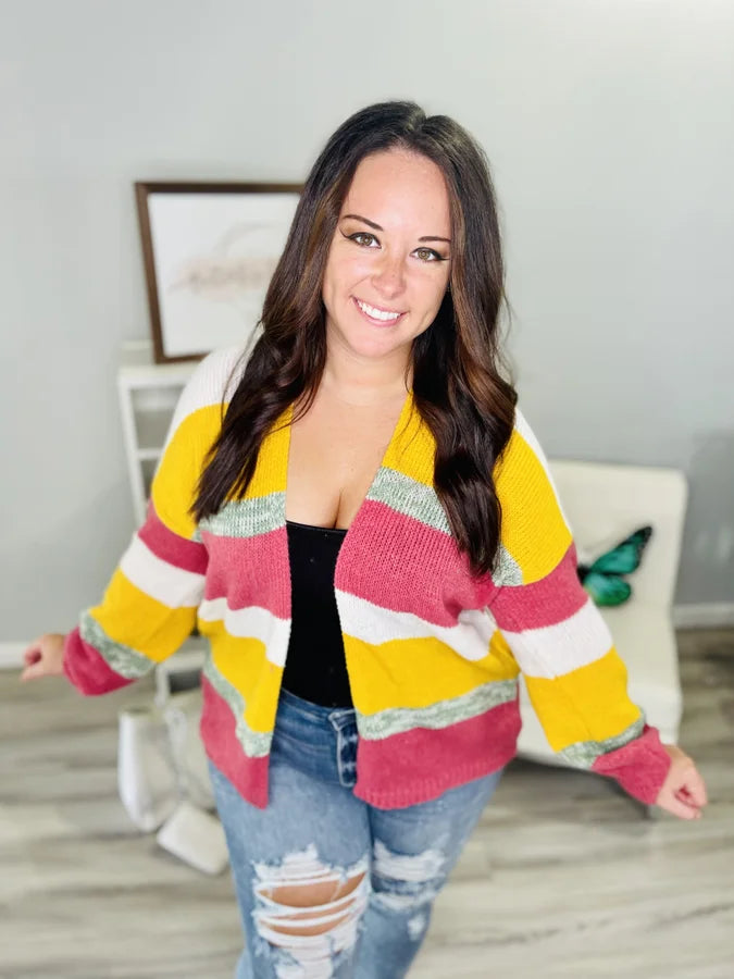 Reg. Golden Yellow/Dark Rose Striped Cardigan
