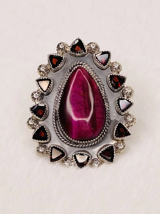 Natural Pink Tiger's Eye & Garnet Sterling Silver Ring - Size 7