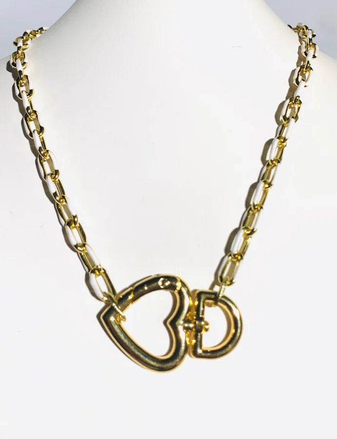 18 Kt. Gold Plated White Enamel Link Chain w/ Heart - 18" +2