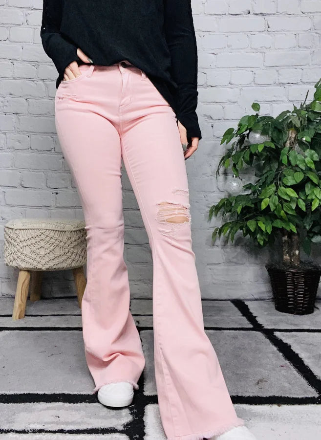 Judy Blue - "Olivia" Pastel Pink Mid-Rise Flare Jeans - Reg/Plus