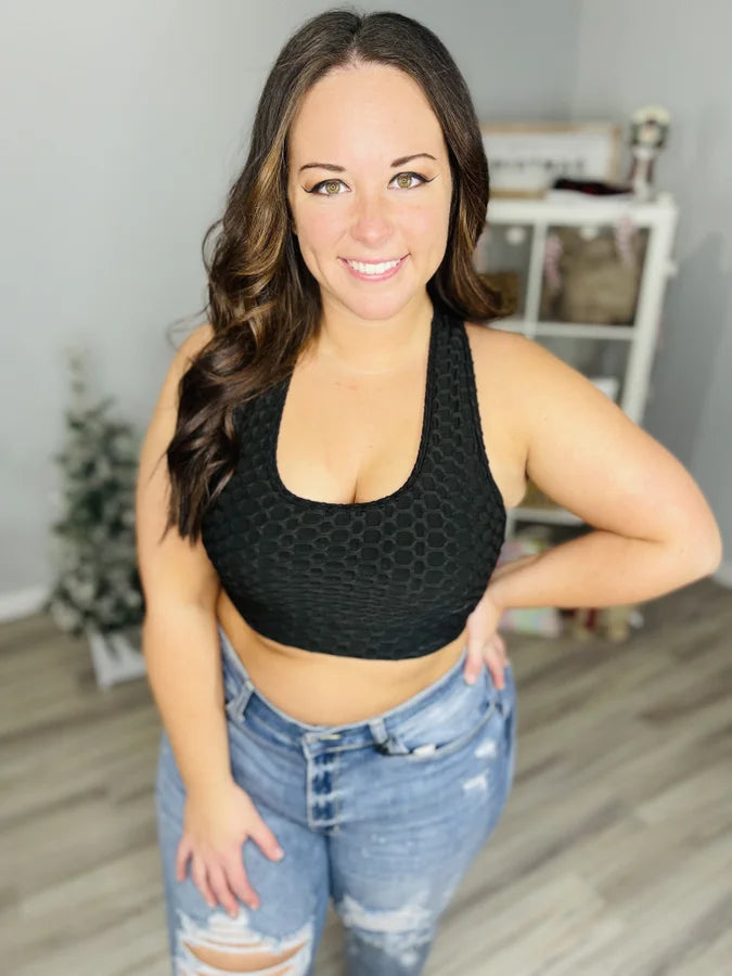 Reg/Plus Black Honeycomb Textured Yoga Top