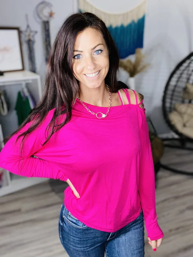 Fuchsia Long Sleeve Top w/ Super Strappy Cold Shoulder