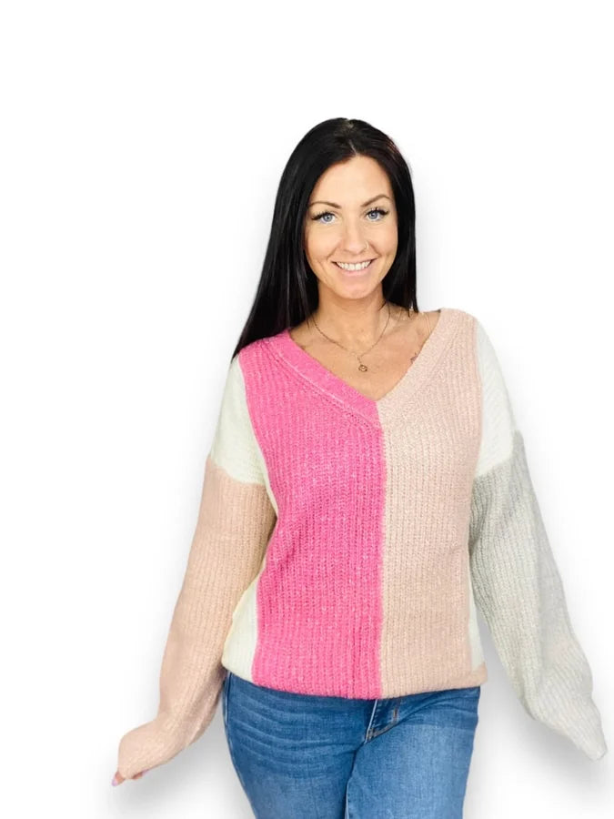 Pink/Ivory Color Block Sweater