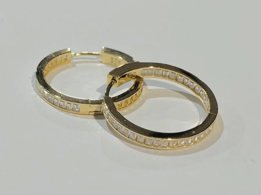 Sterling Silver Gold Plated In & Out Cubic Zirconia Hoop Earrings - 25MM