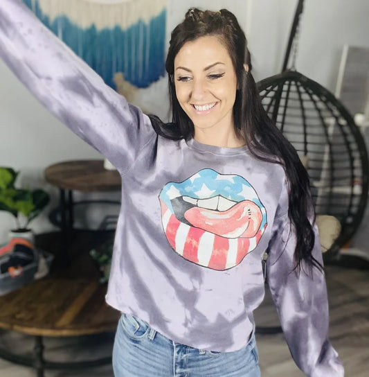 ARTifacts- Lilac Bleached Fleece Cropped Sweatshirt w/ Stars & Stripes Lips