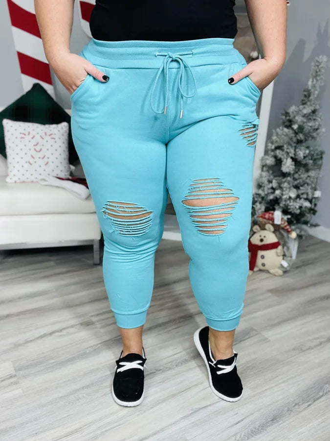 Reg/Plus Teal Distressed Joggers w/ Drawstring & Pockets