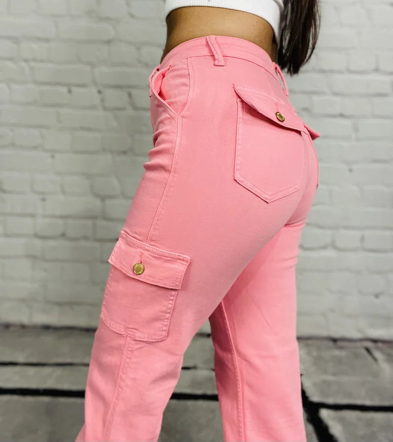 Judy Blue - "Penelope" Pink High-Waisted Cargo Straight Leg Jeans