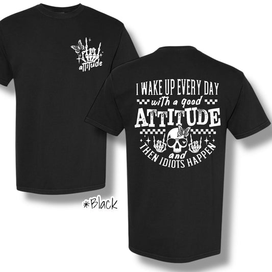 "Good Attitude" (White Ink) Pocket And Back Print Graphic Short Sleeve